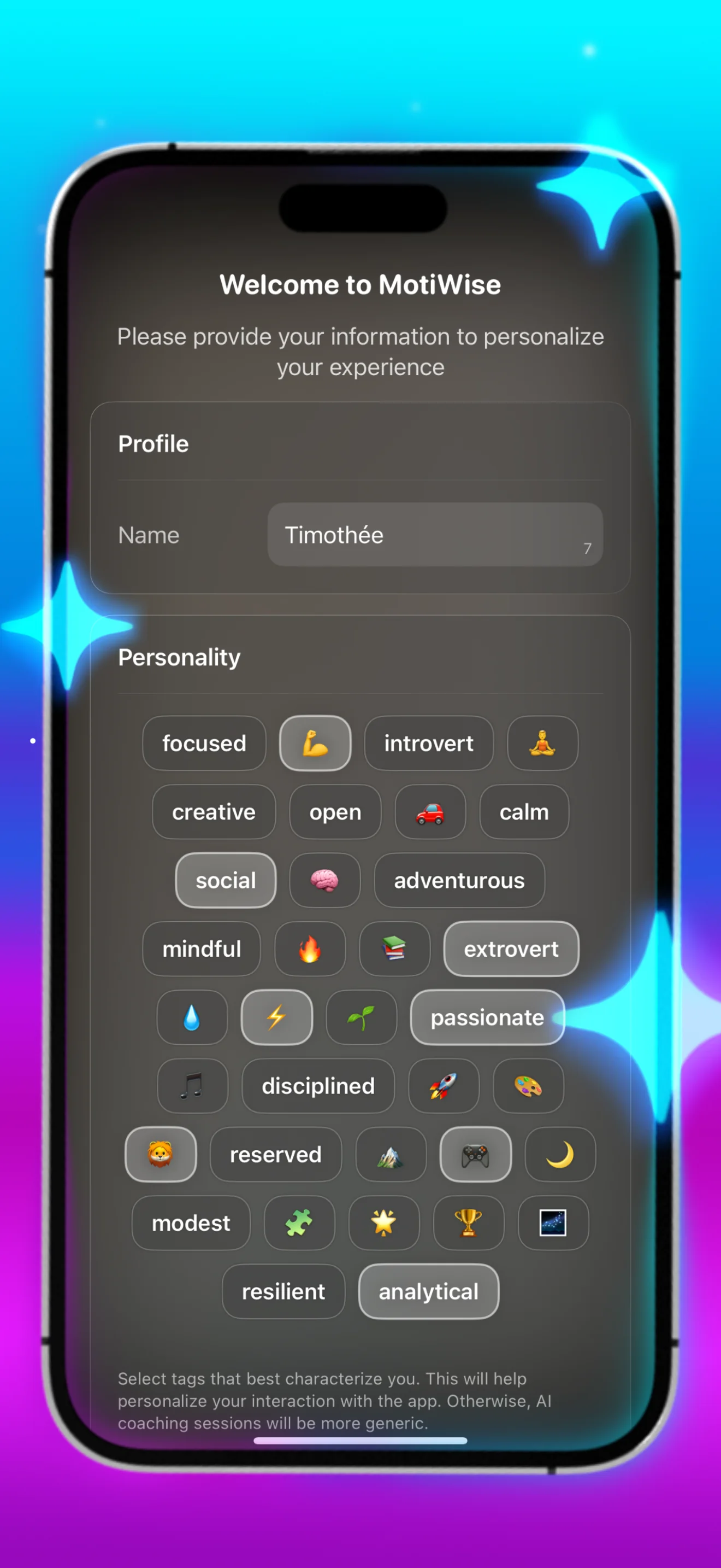 MotiWise onboarding — selecting personality tags such as focused, creative, mindful and resilient