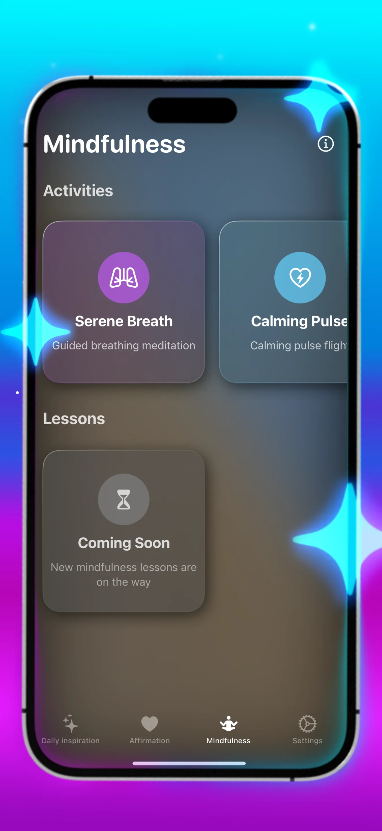MotiWise mindfulness screen with Serene Breath and Calming Pulse guided exercises