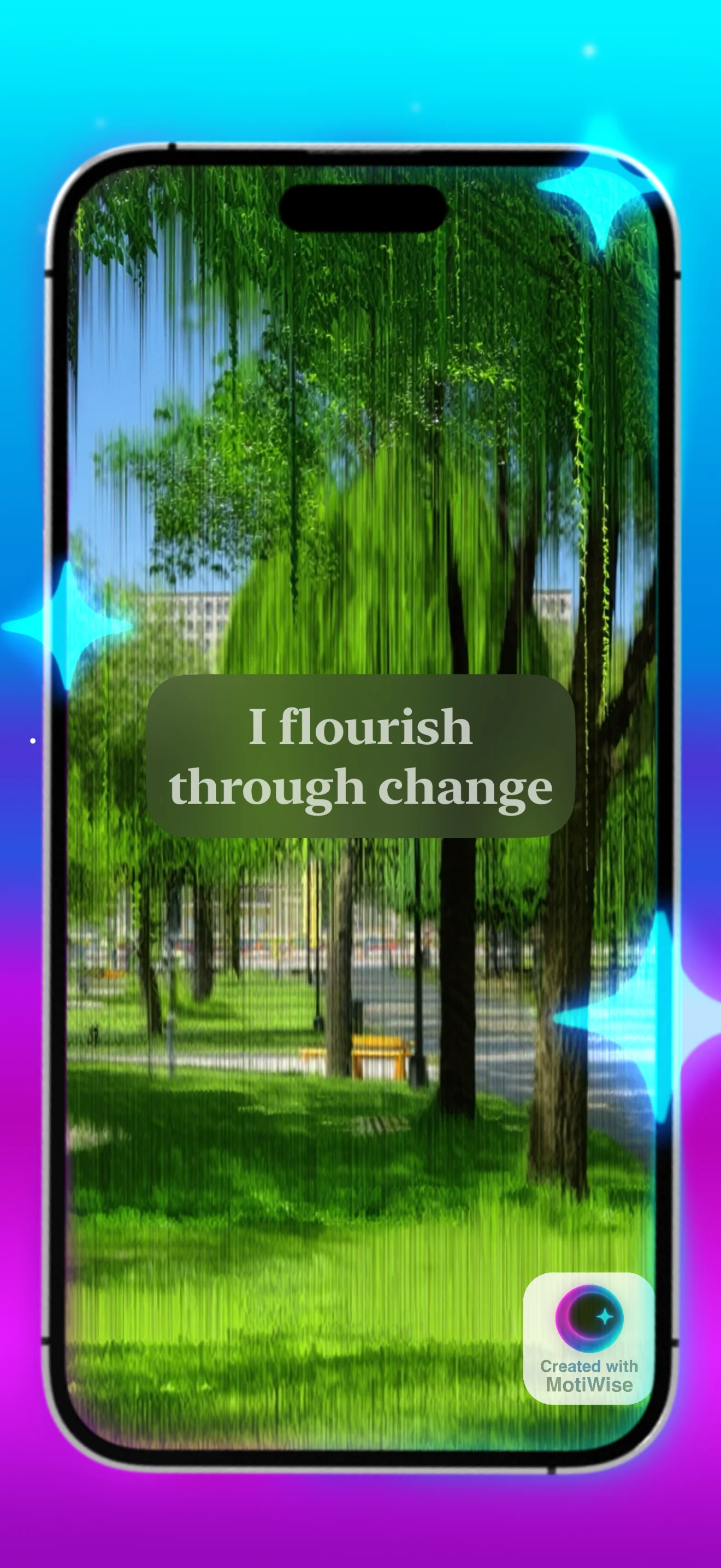 MotiWise affirmation card with cinematic background and motivational text