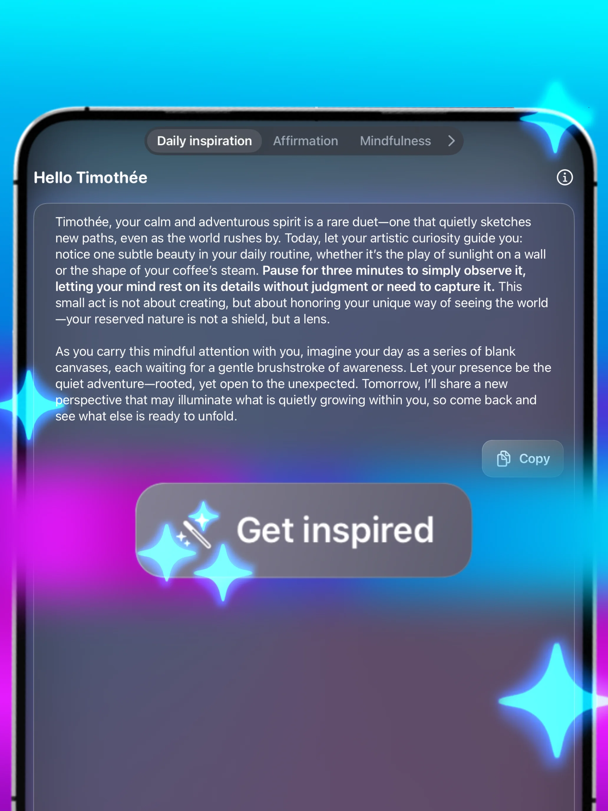 MotiWise app screen showing AI-generated daily inspiration session on iPhone